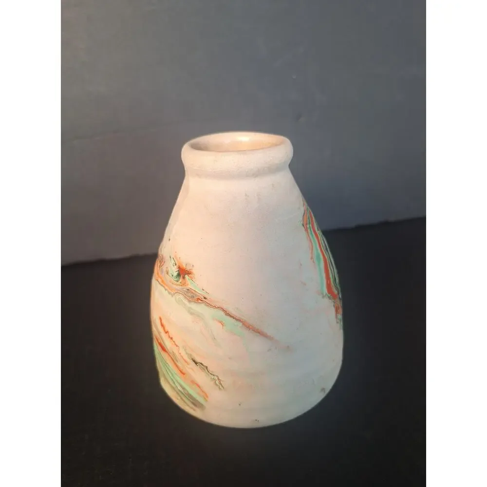 Nemadji Pottery Swirl Vase USA Green Orange Marbleware Mission Drip Art Pottery